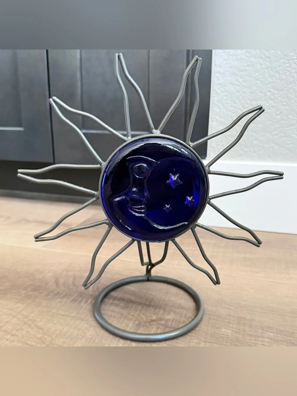 Vintage Blue Cobalt Glass Wrought Iron Candle Holder Celestial Moon Star Sky 11”